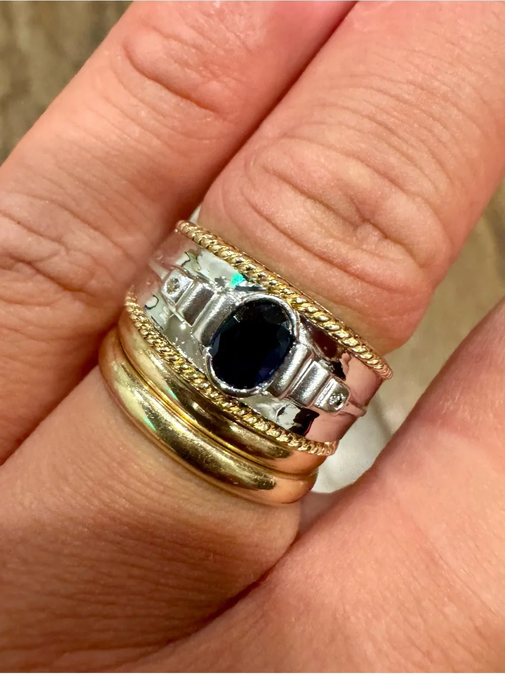 14K White and Yellow Gold Blue Sapphire Statement Ring